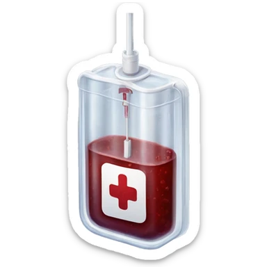 Rectangular transparent plastic iv bag filled with 500ml of blood hanging on an iv pole in an intensive care unit  sticker