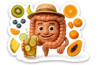 EMOJI STILE IPHONE DI INTESTINO UMANO REALISTICO CON CAPPELLO DI PAGLIA DA SPIAGGIA CHE BEVE UN Tè FREDDO IN BICCHIERE DI VETRO CON DENTRO  fette di cetriolo, limone, lime, DIETRO L'INTESTINO FLUTTUANO PEZZETTI DI Kiwi
Banana acerba
Arance e mandarini
Mirtilli
Ananas
Papaya
IPERREALISTICO 4K sticker