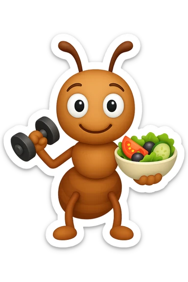 EMOJI STILE IPHONE 3D DI UNA formica CHE ha un manubrio da palestra nella mano destra e un insalata nella mano sinistra, FAGLI GLI OCCHI CON LA PARTE BIANCA, NON SOLO LA PUPILLA sticker