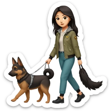 A girl with rather long brown-black hair is walking her German Shepherd. She's dressed very nicely in cute pants and a stylish jacket. sticker