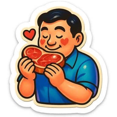 A Japanese man with a loving look holds a steak in his hands, preparing to eat it sticker