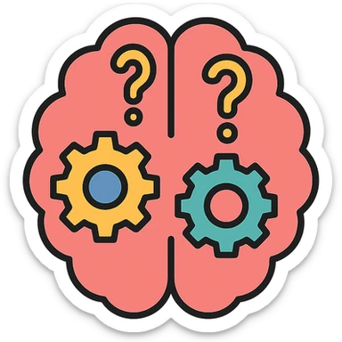 abstract concept of philosophy, a brain with gears and question marks in modern flat icon style sticker