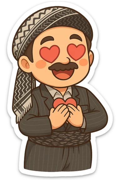 Create a colorful and cheerful cartoon sticker of a Kurdish man wearing the same clothes and scarf as the reference image, with no changes to the outfit or scarf. The face should have a loving expression with heart-shaped eyes similar to the 😍 emoji. Both hands should be placed on the heart. The image should have no shadows or color halos around it, no text, and a completely transparent background. Suitable for WhatsApp and Instagram. sticker