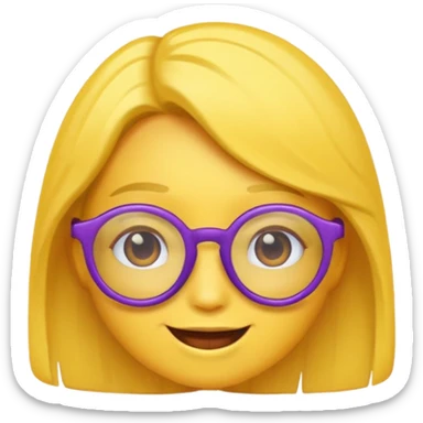 un emojis amarillo, con el cabello corto y lacio, con lentes violeta y una sonrisa sticker