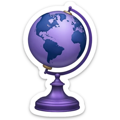 Realistic globe on a stand in muted purple tones with dark blue sticker