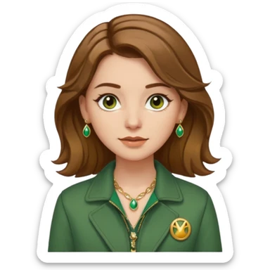 White girl with hazel Brown eyes Brown and slighly wavy medium hair. Make her with a green jacket and gold jewlery.  sticker