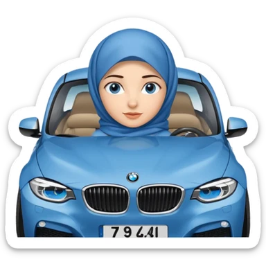 Turkish beautiful finish Konya girl blue eyes with denim hijab dress and driving bmw car sticker