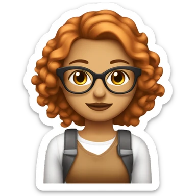 Profesora de artes de piel clara con el pelo largo rubio anaranjado con los ojos marrones y gafas redondas una camiseta blanca y tejanos y lleva pinceles y colores sticker