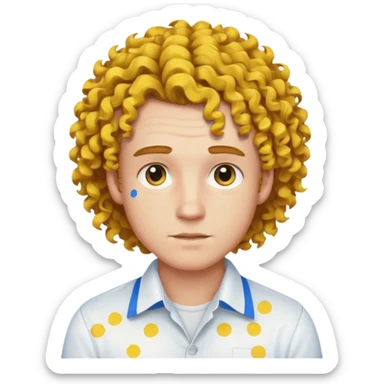 Make me an emoji that has a guy with a white shirt and yellow tape around the shirt with brown and blue spots hair make the hair curly sticker
