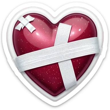 Burgundy sparkly glittery heart, glassy finish, with one white bandage wrapped around it, high resolution sticker