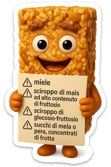 SU QUESTO STILE FAI UN EMOJI STILE IPHONE 3D DI UNa barretta ai cereali con ETICHETTA CON GLI INGREDIENTI SCRITTI, "miele, sciroppo di mais ad alto contenuto di fruttosio, sciroppo di glucosio-fruttosio, succhi di mela o pera,
concentrati di frutta" accanto ad ogni nome scritto mettici un segnale di allarme, FALLO MOLTO REALISTICO IN 3D sticker