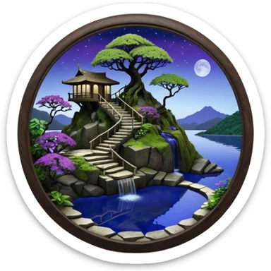 Alien saucer poolhouse jungle winding narrow stairway fountain lakeside mountainside -island getaway nighttime landscape antique mudman very old broken cracked intricate Stone Age lapis-crusted irregular dodecagon-shaped shallow dark moss rough bark violet serissa flowered maple tree bonsai sticker