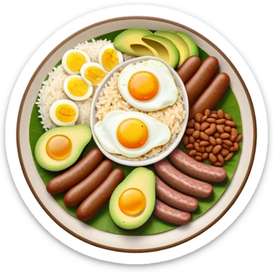 bandeja-paisa-cinematic-realistic-bandeja-paisa-dish-emoji,-depicted-as-a-hearty-platter-featuring-rice,-beans,-avocado-slices,-one-sausage,-a-perfectly-cooked-egg,-and-crispy-pork-crackle,-rendered-with-vivid-textures-and-robust,-inviting- sticker