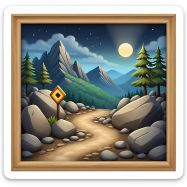 mountain 2 crossroads trails with rocks  two trails—one illuminated,, and one shrouded in darkness, representing reaction.  sticker