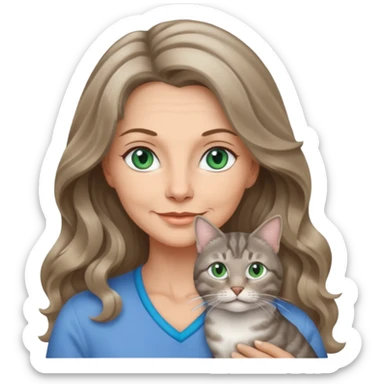 beautiful 50 yr old woman, long wavy dark blonde hair, blue green eyes with one beautiful gray tabby cat  sticker