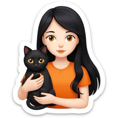 A black long haired girl holding a black cat and an orange long haired cat sticker