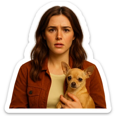 Portrait centered for Instagram profile picture, inspired by the facial features visible in the reference images, with a tanned complexion, subtle freckles, shirt color #FFF8CA, rust-colored jacket, medium-length brown hair with auburn highlights, perplexed and questioning expression, holding a beige-brown chihuahua, Netflix series style, transparent background, intimate Tenerife ambiance. sticker