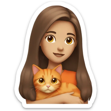  girl with brown long hair and brown eyes cuddling with a orange cat  sticker