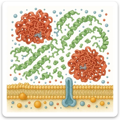 Ultra-realistic scientific illustration of enzymatic starch digestion at the cellular level, rendered in textbook-accurate detail. Show:

Multiple amylase enzyme molecules (red, with clear tertiary structure showing alpha-helices and beta-sheets) actively cleaving
Starch polymers (green amylose/amylopectin with accurate glucose unit linkages - α(1→4) and α(1→6) branches)
Cell membrane segment (yellow phospholipid bilayer with integral proteins and cholesterol molecules)
Reaction environment (blue water molecules, ionic interactions, pH-sensitive groups)
Molecular interactions (hydrogen bonds, substrate-enzyme transition state, electron cloud textures)
Technical Specifications:

Style: Nature Journal-quality structural biology visualization
Lighting: Cryo-EM-like isosurface rendering with subtle ambient occlusion
Perspective: 150,000x magnification view
Background: Pure white (#FFFFFF)
Accuracy: PDB-level structural correctness (reference 1SMD for amylase)
Exclusions: No labels, no cartoon simplifications
Special Details to Include:

Catalytic triad (Asp197, Glu233, Asp300) in amylase active site
Starch helix distortion during hydrolysis
Membrane protein channels for glucose transport sticker