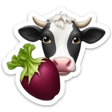 a cow is chewing a beet sticker
