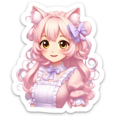 Gorgeous anime style catgirl blushing face maid outfit Lolita idol model colorful shiny sparkle kawaii pastelcore cottagecore pearly petite simplistic aesthetic trending style sticker