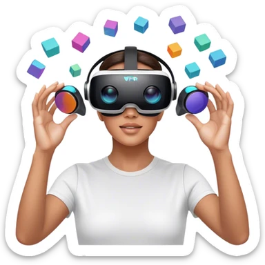 Create an emoji for the creation of VR/AR technology. Show a designer's hands holding a VR headset or AR glasses, with floating 3D models or virtual objects being manipulated in the air. Use modern, tech-inspired colors. Do not include any emojis or smiley faces. Make the background transparent. sticker