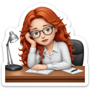 Pretty white model, brown eyes, soft long red wavy hair, falling asleep at desk sticker