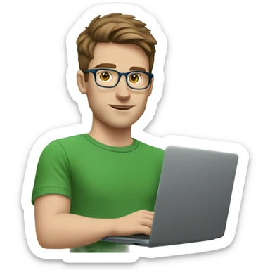 white young man with blue eyes and brown hair and square glasses wearing green t-shirt with laptop sticker