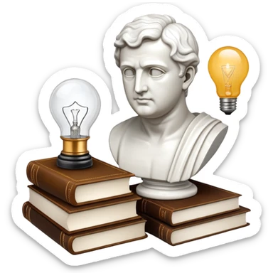 An icon featuring a classical bust, a book of philosophy, and a lightbulb, symbolizing the study of philosophy. The design includes an abstract symbol of thought and reasoning, representing deep intellectual inquiry and exploration of ideas. Transparent background sticker