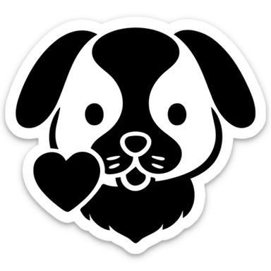Transform this image into a clean, modern logo of a stylized dog holding a heart in its mouth. Use minimal lines and bold shapes suitable for branding. No background, transparent. sticker