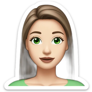 Long straight brown hair bright-emerald-green eyes medium-full dusty-pink lips oval face slightly arched eyebrows woman, slightly smiling close-lipped pale white skin sticker