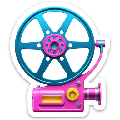 Bright, colorful icon symbolizing Animation and Motion Design with a transparent background. Include a dynamic motion effect, such as a spinning film reel or a stylized character in motion. Use vibrant colors like neon blue, pink, and yellow, with a modern, techy feel.  sticker