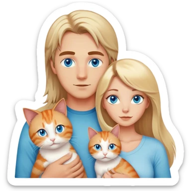 A family with a younger man with blue eyes and light brown hair, a younger woman with blue eyes, mid length blonde hair, and big breasts. And a cat with long hair that is a mix between orange and cream and green eyes sticker
