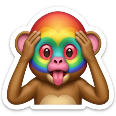 Rainbow monkey covering eyes with tongue sticking out  sticker