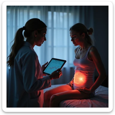 symbolic scene: woman with PCOS sitting on medical examination table, doctor showing tablet with graph highlighting metabolic risk, abdominal area illuminated by red light, text in Italian: 'Non è solo estetica, è salute', 4K quality sticker