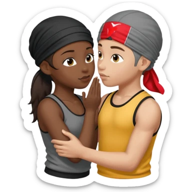 A girl with dark brown hair, light skin and blue wear black leggings and a black tank top kissing a boy with dark skin and a grey tracksuit wearing a du rag  sticker