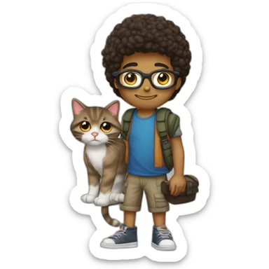 joven pelo castaño gafas cargando a gato atigrado sticker