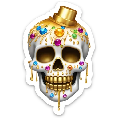 Realistic white sugar skull decorated with colorful rhinestones with a tall metallic gold candle on top of its head dripping down melted metallic gold wax down the skull sticker