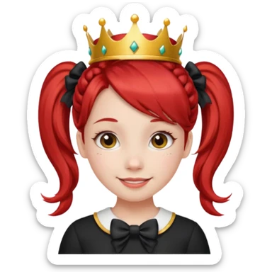 A red pigtail hair girl with a crown smiling gently and black bow on her hair sticker