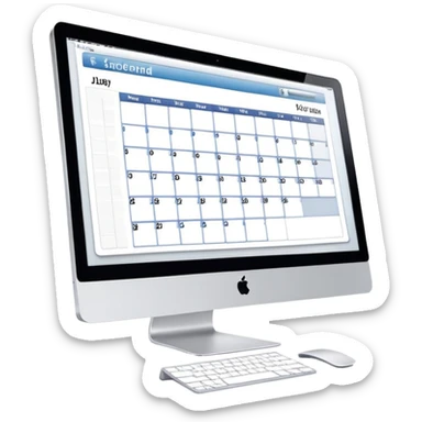 front view of an iMac with a single day-calendar on the screen, vertical list of hours on the left, horizontal rows for client slots, some slots marked as booked sticker
