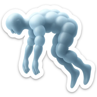 side view of a person unconscious flying upwards by the torso, legs and arms downwards, made of small very bright white fluffy convex clouds, matte glass style sticker