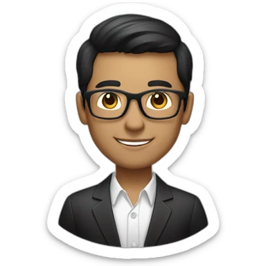The person in the image has short, dark hair and a clean-shaven face. He has a friendly smile and is wearing a black suit and white shirt with square glasses. sticker