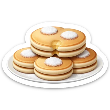 Cinematic Realistic Poffertjes Dessert Emoji, depicted as small, fluffy mini pancakes dusted with powdered sugar rendered with lifelike texture and warm, inviting lighting. sticker