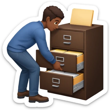 A black person opening a filing cabinet to search for file sticker