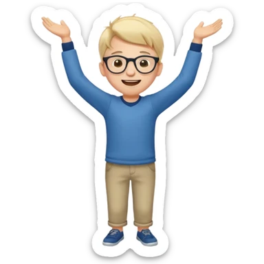 Very excited boy, full body, eyes closed, wearing glasses sticker