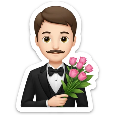 generate an ios genmoji of a 20 year old fair boy with very few mustache hair, carrying a flower bouquet, wearing a tux sticker