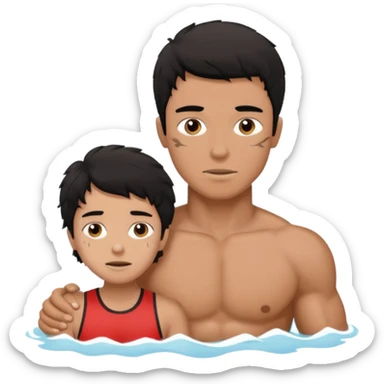 Dark Tan Muscular teen lifeguard boy with messy black hair rescuing old lady sticker