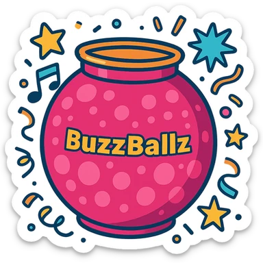oversized pink BuzzBallz, bubbly and vibrant, with a party feel sticker