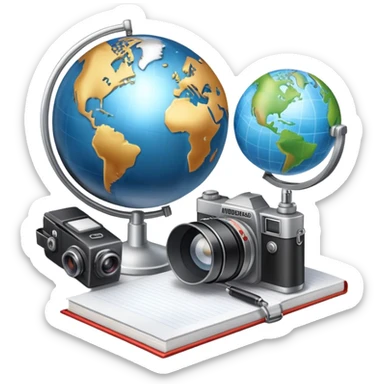 An icon showing a microphone, a notepad, and a camera, symbolizing journalism. The design includes a globe in the background, representing global news, and a breaking news banner for emphasis. Transparent background highlights the dynamic world of media and reporting. sticker