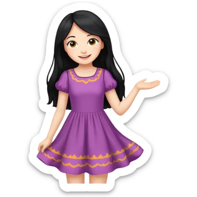 cewe rambut panjang hitam ceria keliatan setengah badan dan badannya kayak lagi nyender ke sesuatu di sebelahnya bajunya ceria dress sticker